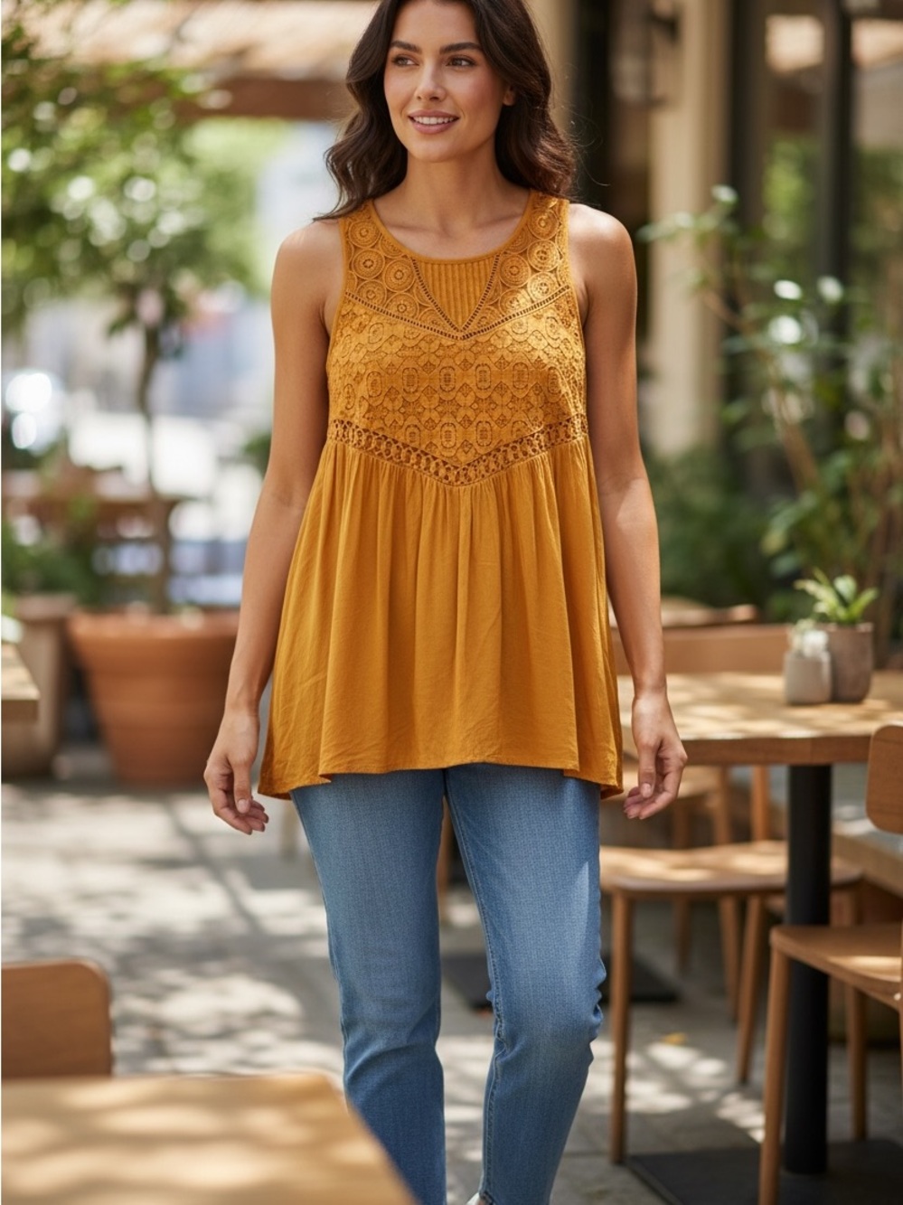Market & Spruce Mustard Crochet Yoke Swing Tank